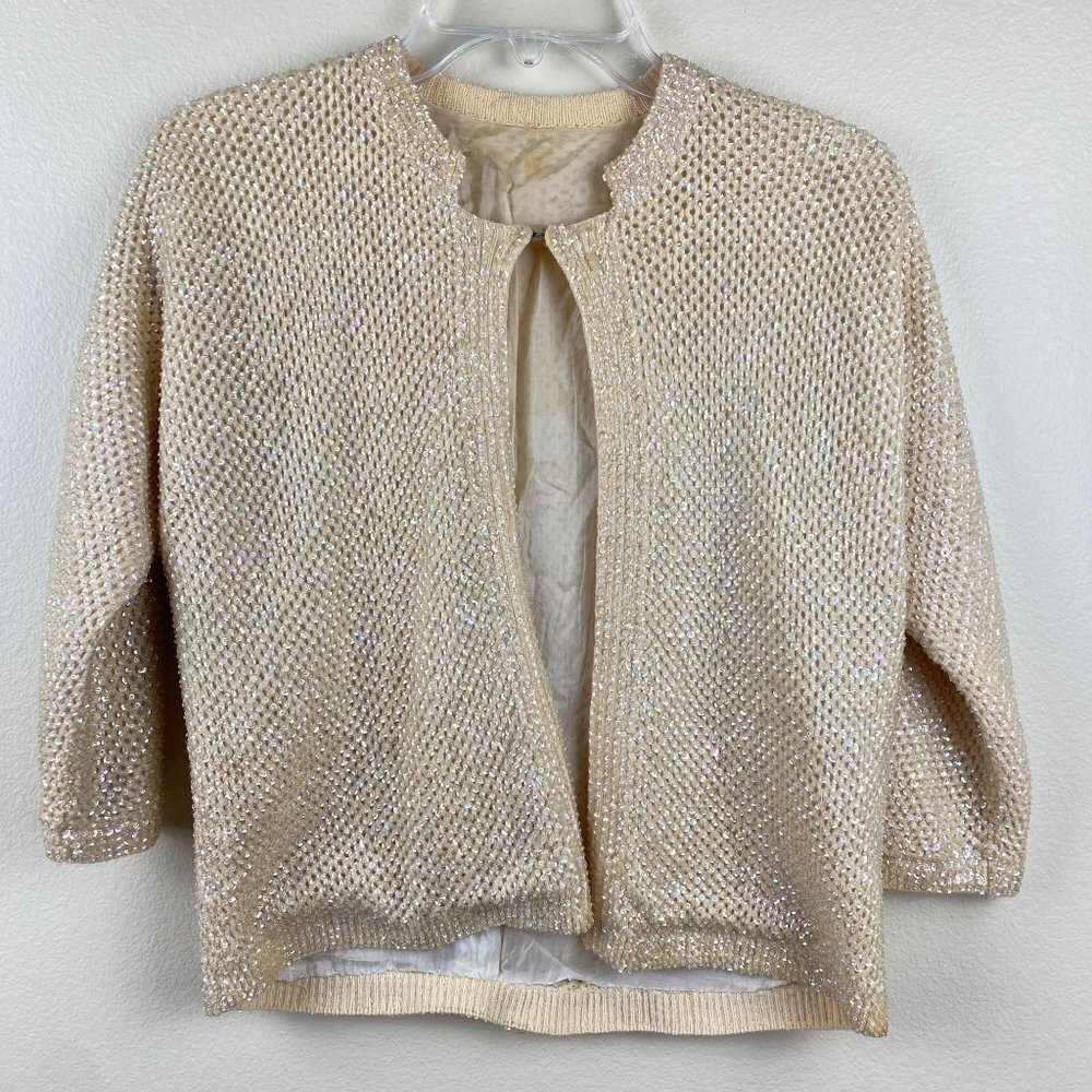 Vintage‎ 50s 60s Cream Beige Opalescent Sequins Cardinal Sweater Size Small